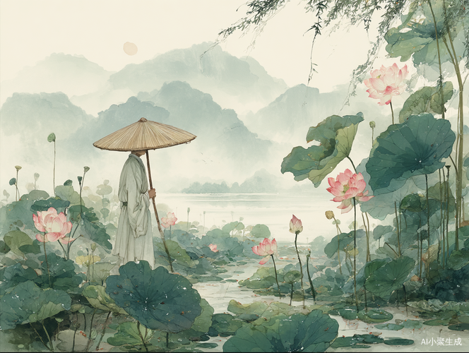 采用统一的水墨淡彩风格,画面中一位清瘦老者头戴斗笠,身着浅灰色粗布长衫,悠然立于荷塘边。全景呈现薄雾萦绕的荷塘,晨雾如轻纱般弥漫,给整个画面增添了几分朦胧之美。粉白的荷花正含苞待放,娇羞地探出脑袋,仿佛在轻嗅清晨的气息。翠绿色的荷叶圆润饱满,叶面上悬着晶莹剔透的露珠,摇摇欲坠却始终未滴落。远处淡青色的山峦在雾中若隐若现,宛如一幅淡雅的水墨画。平静的水面如镜,清晰地倒映着天空和周围的景致。而在画面的左上角,半轮残月散发着清冷的光辉,与这清新淡雅的荷塘之景相互映衬,尽显中国传统工笔画的质感。