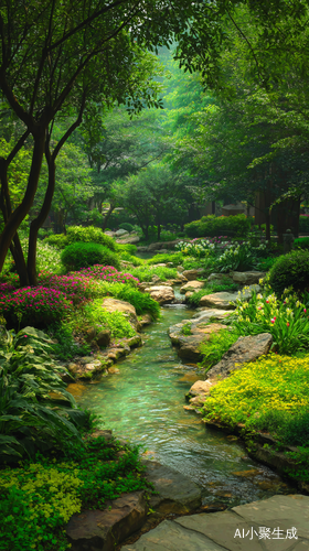 庭院,园艺景观,潺潺溪水在花园中流淌,周围繁花似锦,绿树成荫。绿色背景,治愈,意境,高清摄影