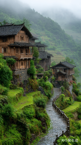 中国传统山地村寨,木质吊脚楼,清晨薄雾笼罩屋顶,青石板路,梯田,绿色背景,治愈,意境,高清摄影