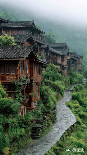 中国传统山地村寨，木质吊脚楼，清晨薄雾笼罩屋顶，青石板路，梯田，绿色背景，治愈，意境，高清摄影