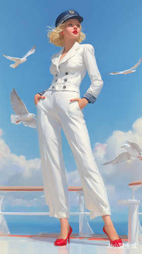 commercial illustration, beautiful girl young girl, with red lipstick, blond hair, smiling, looking straight, standing in casual pose, dressed in white navy suit for walks, captain's cap on head, red shoes on feet, standing on deck, azure sea in background, seagulls in sky, bright morning light ar 9:16 v 7