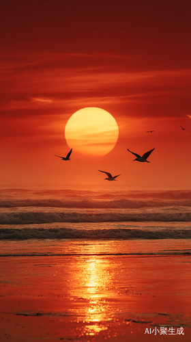 一片汪洋大海在夕阳照射下，海面上闪着点点金光，天空中一轮大的红太阳，太阳下面飞着几只海鸥，展开大大的翅膀在飞翔着，用摄影高清画质，8K像素展现出来