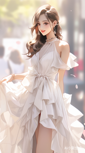 礼服裙,最佳品质,无限细节,最高质量,正面照,现代神女美女柔美,漫画,完美比例脸,脸红,微笑,精致的五官,甜美微笑,精致的眼睛,精致的睫毛美丽的眼睛甜美有卧蚕,精致的锁骨,长发飘飘,顺滑发丝,((礼服:,包裹感,细腻的肌肤,不暴露,动态动作,户外,街道,景深,大景深,完美细节,极端细节,电影CG渲染,电影光,大师作品,丁达尔效应,北条司的肖像画.超高清,真实,苗条,180,站姿,半身照,不漏手,古风