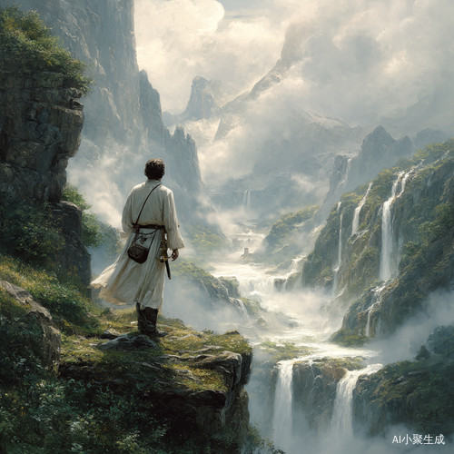 青绿山水间银瀑飞泻,白衣诗人背立崖边,衣袂与发丝逆风飞扬,远处云雾缭绕的群山若隐若现,青铜酒樽悬于腰间丝绦