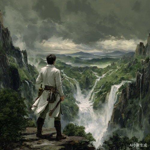 青绿山水间银瀑飞泻，白衣诗人背立崖边，衣袂与发丝逆风飞扬，远处云雾缭绕的群山若隐若现，青铜酒樽悬于腰间丝绦