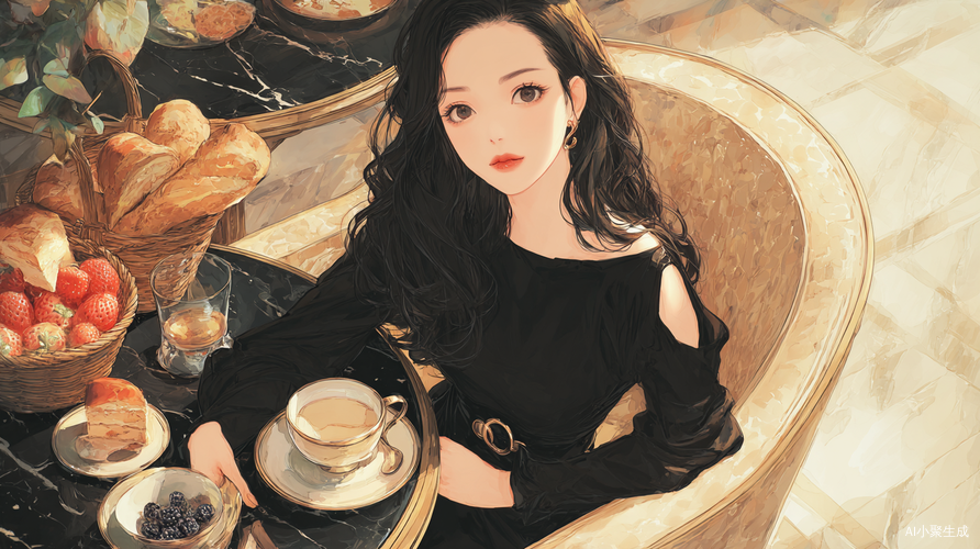 A stunningly beautiful Chinese lady with flawless porcelain skin and delicate facial features, almond-shaped eyes sparkling with grace, high cheekbones, a slim nose, and soft rosy lips. Her silky, long dark hair cascades elegantly over her shoulders. She is dressed in a uniquely designed black top featuring a hollowed-out effect and adorned with a metalring decoration on the chest. Sitting gracefully in a comfortable armchair, she rests one hand lightly on the armrest while the other delicately holds the wh