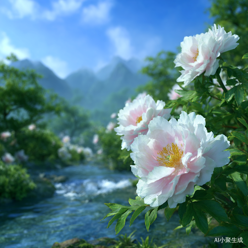 白云蓝天,一朵茂盛的鲜艳夺目牡丹花,绿树,重点凸出在牡丹花,小溪流水,一路美景。超漂亮牡丹花开渲染!超真实渲染!realistic PVC texture,变的好可爱。超高清晰度!