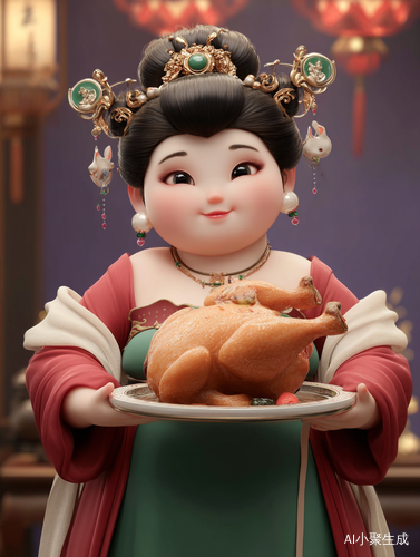 唐朝胖贵妃,红衣绿裙手上托着盘子,盘子里一个大烧鸡,头上珠光宝气,细节细致漂亮,64K动画摄影图。