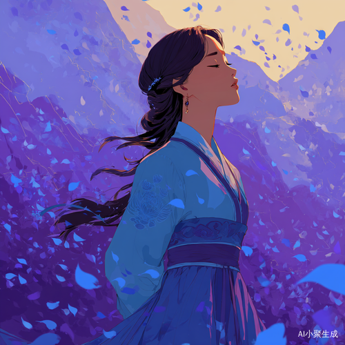 一个古装女孩暖暖,蓝紫色衣服,扁平风插画,背景随意,画风可爱