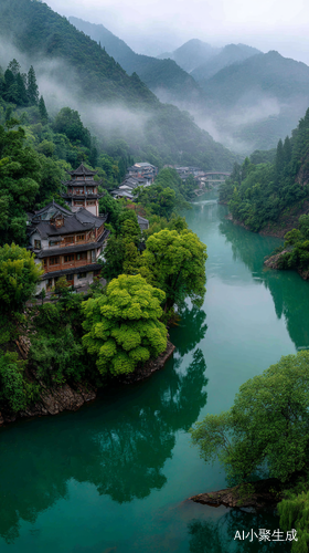中国春天的风景，8K 高清，有很多雾，最高画质，画面远近清晰，层次分明，背景非常干净，大师作品，清晨薄雾，美丽的大河，河水是清澈的绿色，河水非常干净，中间有几座漂亮的房子和苍天大树，近景中有一条美丽的河流，近景光线很强，近景有精致复杂的中国古老建筑，远处有精美的山，山峰很高，巨大的瀑布从山上流下，梦幻仙境，视野宽广，空间感强，无边无际，河流被群山环绕，美丽的中国古建筑，高清 4K，最高画质，完美像素，美丽、细腻且复杂的画面，有很多舞动的雾，照片级写实，世外桃源，美丽迷人的房子，宁静的画面，电影般的场景，青山绿水，很多雾。