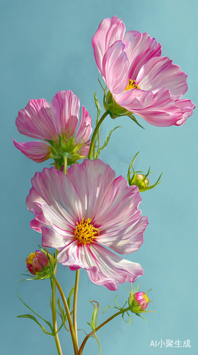 帮忙画一幅美丽的多巴胺图画，浅湖蓝色底，黄，粉，白，绿，波斯菊花，花蕾，插画。超真实渲染，高清晰度！