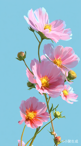 帮忙画一幅美丽的多巴胺图画,浅湖蓝色底,黄,粉,白,绿,波斯菊花,花蕾,插画。超真实渲染,高清晰度!