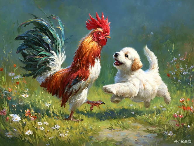 画面中，一只羽毛艳丽的公鸡昂首挺胸，五彩斑斓的羽毛在阳光下闪烁着迷人的光泽，鸡冠如同燃烧的火焰般鲜艳夺目。旁边是一只憨态可掬的小狗，浑身毛茸茸的，眼睛水汪汪的，透着机灵劲儿。公鸡正兴奋地扑闪着翅膀，尖尖的爪子在地上不安分地刨动，张嘴咯咯叫着，试图用尖嘴去啄小狗。小狗则调皮地左躲右闪，时不时伸出舌头舔舔鼻子，还汪汪地回应着，毛茸茸的尾巴摇得像拨浪鼓。一人一狗在柔软翠绿的草地上你追我赶，打闹嬉戏，周围点缀着星星点点的野花，画面清晰又充满欢乐的氛围。