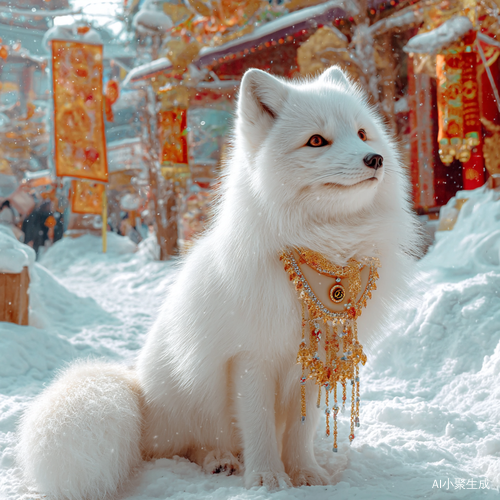 一只金色王冠和珠宝装饰的白狐狸站在雪地里,营造出中国新年气氛。这是来自TikTok的AI生成视频的手机截图。照片是用iPhone相机拍摄的。它具有强烈的色彩对比度、高饱和度、广角镜头、明亮的照明、自然的环境、在阳光下闪闪发光的白色皮毛、可爱的表情以及带有传统服装的节日装饰。