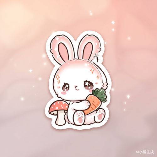 [Subject] A chibi rabbit sticker design, [Posture] sitting facing front holding carrot, [Style] soft pastel colors, kawaii Sanrio style, [Details] gradient pink ears, star-shaped eyes with sparkles, [Technical] thick outline 5px, white border margin, [Extra] mushroom beside foot, sticker cut line, [Parameters] niji 5 style cute ar 1:1
