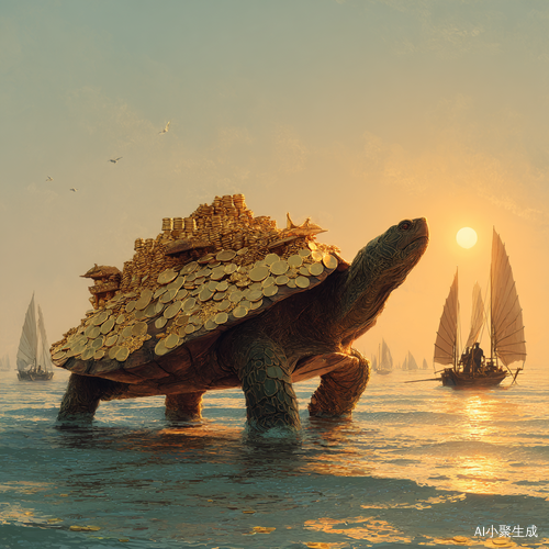 东海岸边一只巨大的乌龟，驮了巨量元宝，在铺满金币的路上。这时，太阳初升，光芒四射。海边有很多鱼船，渔民们正准备出海打鱼。