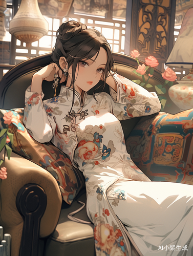 白色绣花旗袍女子坐于陈旧庄园沙发上