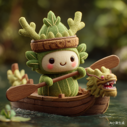 端午节快乐可爱粽子团划龙舟的特写镜头