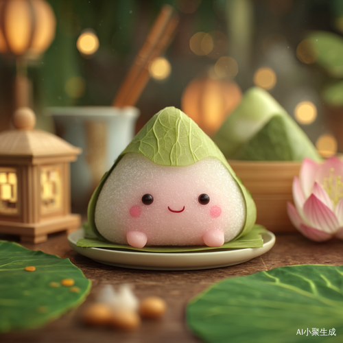 可爱卡哇伊粽子糯米团与荷花背景的端午节祝福