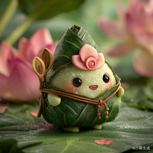 可爱拟人化粽子点心与荷花背景的端午节祝福