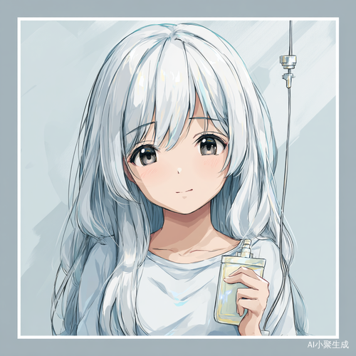 可爱的白头发女孩与静脉输液袋的动漫艺术风格画作