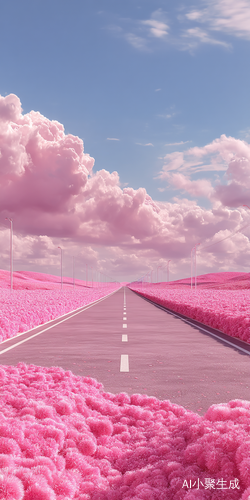 梦幻粉色棉花糖公路与绚丽花海的童趣之旅