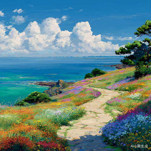 海边花径，蜿蜒小路两旁开满五彩鲜花，远处是蓝色大海和海岸线，岸边有绿树，天空中白云朵朵，宫崎骏风格32K