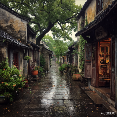 江南古朴小巷，春雨绵绵，