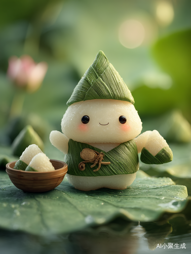 特写镜头，拟人化拟人化拟人化，萌萌哒漂亮的粽子糯米团点心，快乐飞，背景荷花。中国佳节端午节快乐！唯美图画。