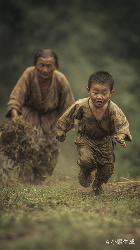 这是一幅怀旧的中国乡村夏日午后场景。一个6 - 7岁的小男孩，玩泥巴后全身沾满泥污，脸上带着惊慌，一边奋力奔跑，一边频频回头张望。身后一位扎着马尾的30岁左右年轻母亲，手持竹枝条，脸上满是又生气又无奈的神情，正追着孩子要教训他。稻草堆旁站着两个孩子，神情战战兢兢，眼神里满是害怕。远处，屋舍上炊烟袅袅升起，墙角野蓟花肆意绽放，色彩明艳。竹竿上的晾衣绳随风飘动，几只散养鸡鸭被惊得扑腾着翅膀飞起。屋舍后方，是一片金色的稻田和郁郁葱葱的绿树。整体画面呈现高清摄影写真风格，色调温暖又带着淡淡忧伤，比例为9:16。