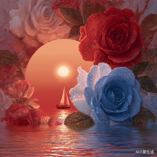 诲中初生的红红巨大太阳，眼前二枝并蒂的两朵红与蓝带着晶莹露珠的月季半遮住大阳左边右边的一只小白帆船，帆上飘着一高小小的红旗。花太阳在花很远的境头前，生戍早安的图像。