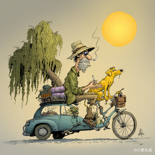 头顶软檐兰帽。。长脸的农村大叔，一手拿烟上。坠烟荷包，坐在独轮架子车上，一脚蹬在车上，微笑看着境头，边，左边一棵垂柳上方一颗火辣辣的太阳阳，浓荫的车边，万爬着只大黄狗，吐舌看前方