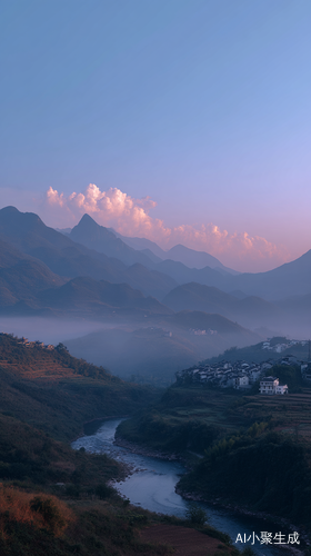 夕阳西斜，那柔和的光线已不再炽热，带着一抹淡淡的暖意，轻柔地洒向大地。天空中，几缕薄云悠悠飘荡，像是被无形的手随意涂抹在湛蓝画布上的棉絮，与斜晖相互交织，笼着一层梦幻的薄纱。下方，是蜿蜒的溪流，清澈的溪水在夕阳映照下闪烁着粼粼波光，缓缓流淌。溪边山峦连绵起伏，山间萦绕着层层烟霭，似轻纱，如薄雾，若隐若现地遮掩着翠绿的山林、古朴的屋舍。这烟霭随风轻轻飘动，使得整个溪山宛如一幅朦胧的水墨画卷，宁静而悠远，让人仿佛置身于仙境之中。