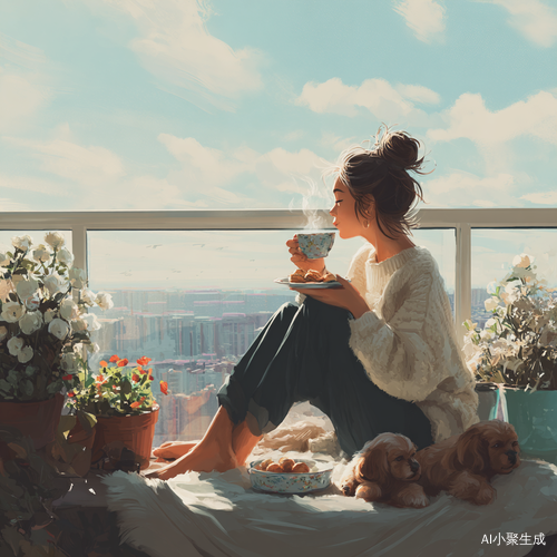 一个女孩早上醒来坐在阳台上喝着茶，吃着点心，悠然自得其乐。旁边有小狗，有花草