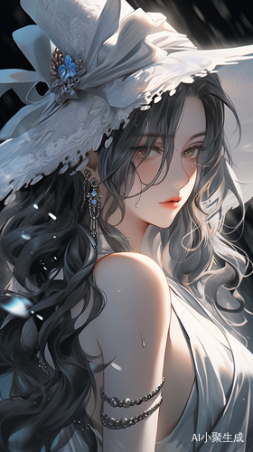 手绘，人物，肌肤胜雪，头发如瀑布般垂落，黑亮如夜，闪烁着星辰般的光泽，一只手放在下巴下边，戴着遮阳帽。倾城绝色。