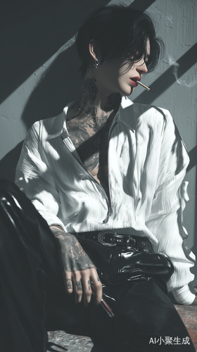 学校，校草和学渣在男生浴室，银白色花洒，银白色透明明亮的一面镜子，抽烟，学校二楼上，校草，黑色痞帅宽松酷帅衬衫，腹肌帅哥，龙纹身，黑色短发，发型凌乱四六分，黑色痞帅耳钉，黑色酷帅长西裤，奢华名牌漆皮腰带，学渣，白色短发，发型凌乱四六分，嘴里叼着一根香烟，帅哥，很帅，贼帅，白色痞帅宽松衬衫，银白色镭射双拉链网格外套，白色痞帅长西裤，痞帅白色漆皮裤腰带，化妆，黑色长睫毛，口红，五指修长，白皙光滑细腻，手持镭射黑色打火机，抽烟，点燃香烟，仙雾飘飘，看楼下，UHD，超高分辨率，超真实，64K，白天，超清画质