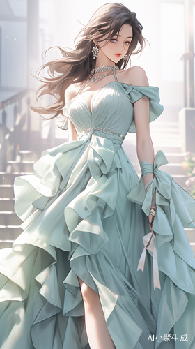 礼服裙，最佳品质，无限细节，最高质量，正面照，现代神女美女柔美，漫画，完美比例脸，脸红，微笑，精致的五官，甜美微笑，精致的眼睛，精致的睫毛美丽的眼睛甜美有卧蚕，精致的锁骨，长发飘飘，顺滑发丝，（（礼服：，包裹感，细腻的肌肤，不暴露，动态动作，户外，街道，景深，大景深，完美细节，极端细节，电影CG渲染，电影光，大师作品，丁达尔效应，北条司的肖像画.超高清，真实，苗条，180，站姿，半身照，不漏手，古风