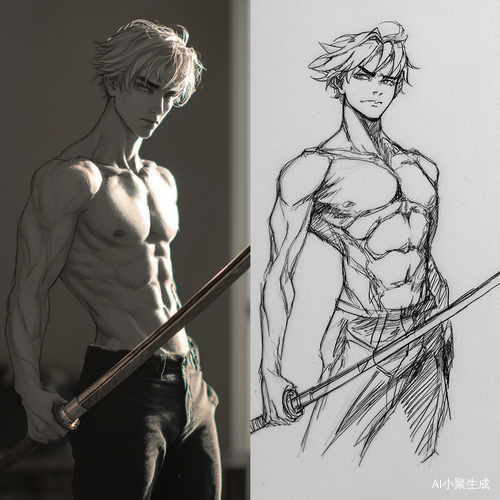 动漫男孩，薄肌，拔剑