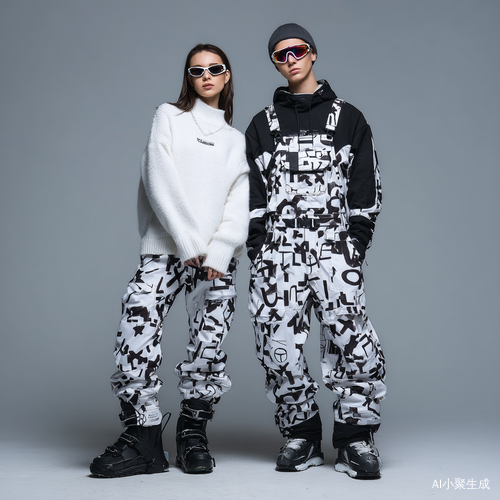 精心绘制的户外滑雪服饰,每一套都彰显独特风格。卫衣采用柔软羔羊毛材质,温暖又舒适。模特所穿背带裤,看似厚重却暗藏设计巧思,细节亮点十足。整体造型在黑与白的碰撞中,尽显潮流与功能性,完美诠释户外时尚新态度,生成两套