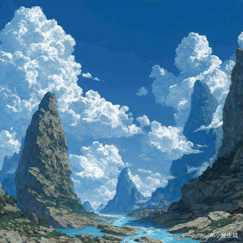 蓝天白云,山峰峻峭挺拔,山峰两侧,溪水流过