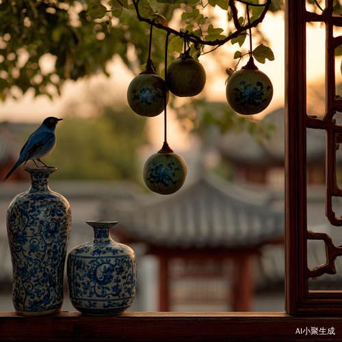 在古老的中国窗中,有一只优雅的蓝白鸟栖息在三只绿色葫芦上,葫芦挂在树枝上。背景是远处的日落和传统的建筑。这张照片是使用佳能EOS R5无反光镜相机拍摄的,光圈设置为f20,以获得清晰度和细节。