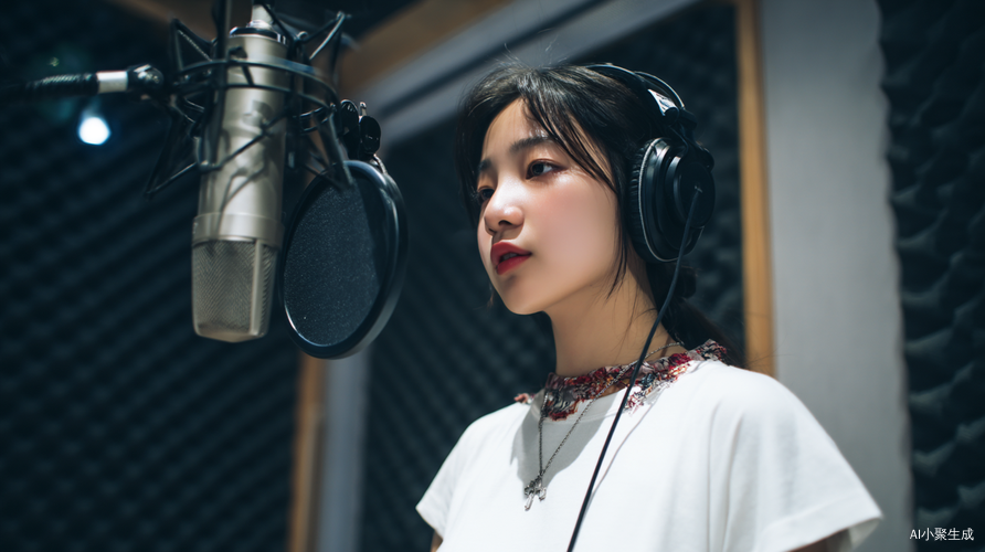 录音室中的中国女生专注创作艺术氛围浓厚