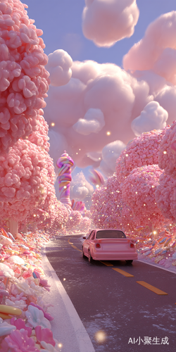 梦幻世界中的粉色棉花糖公路与快乐车队