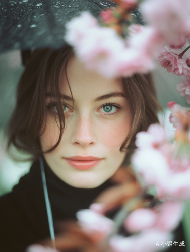 极简美学摄影中的樱花树下柔和女性肖像