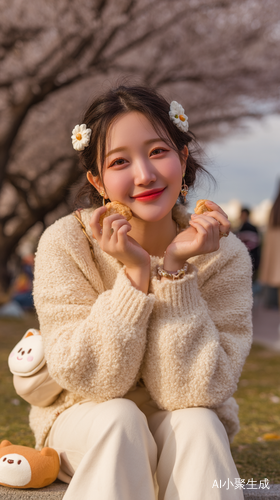 她宛如一颗包裹着糖霜的甜甜圈，周身散发着治愈的气息。圆润的轮廓似棉花糖般温暖，苹果肌上自然的粉晕惹人怜爱。饱满的鹅蛋脸，点缀着迷人酒窝，微微上翘的鼻尖如春风吻过的花瓣。琥珀色瞳孔在浓密睫毛下闪烁着星光。莹润的肩颈线条如珍珠母贝，手腕处可爱的肉窝让人忍不住想要捏一捏。丰腴的腰臀曲线，宛如古典油画中的美神。她身着奶黄色针织开衫，内搭雏菊连衣裙，蓬松裙摆随步伐轻柔摆动。珍珠发卡别起半丸子头，毛绒斜挎包上的柴犬挂件十分呆萌。奶油白玛丽珍鞋搭配小熊短袜，可爱至极。她说话时眉眼弯成月牙，笑声如清透的风铃。踮脚够书、分享甜品等动态，尽显俏皮与大方。她打破刻板审美，珠圆玉润的身型承载着春晖般的明媚。
