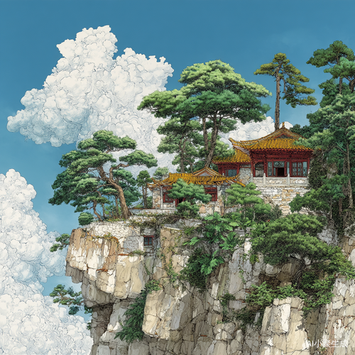 深小悬崖,崖壁吉寺在松柏,红培黄瓦,飞檐斗角,左上樵夫增脚下白云一呆