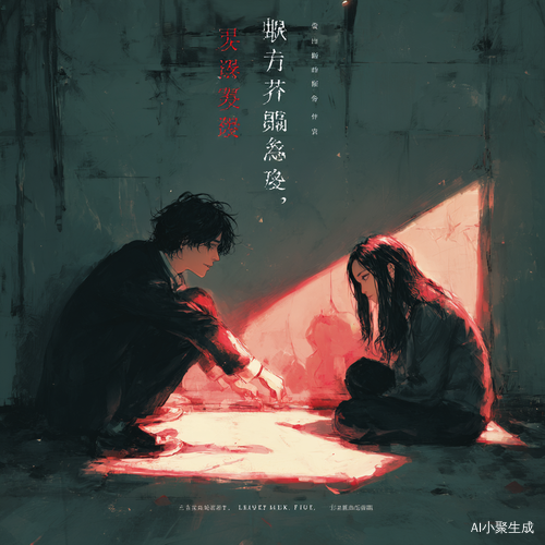 小说作品封面，暗色系，一男主一女主，男主发型微分碎盖 ，女主黑直长发，女主坐在地上抱膝，男主向女主伸手，人物和房间的比例为3:4，男主是站着的，书名叫《我们放手吧》