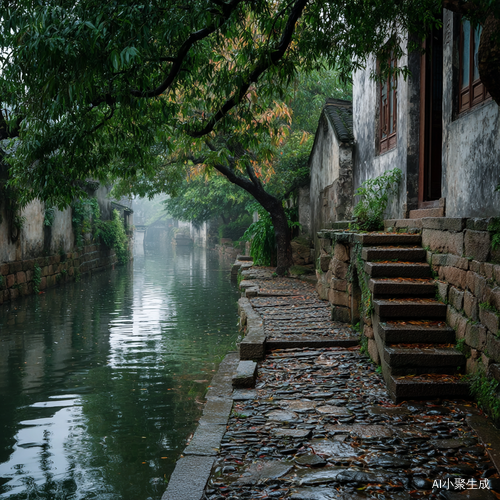 在江南水乡，古旧的石板路曲折蜿蜒，每一块石板都被岁月打磨得光滑温润。雨雾如轻纱般弥漫，为整个世界蒙上了一层朦胧的诗意。墙边的绿植肆意生长，叶片上挂着晶莹的水珠，生机勃勃。老屋前，小桥横跨溪流，流水潺潺，泛起层层涟漪，水面倒映着周围的景致，美如画卷。石阶一级级通向厚重的木门，仿佛在诉说着往昔的故事。溪流两岸，绿树成荫，枝叶在雾气中若隐若现。雾气笼罩下，一切都显得神秘而静谧。画面采用高清晰度呈现，细节之处尽显细腻质感，自然光线与柔和色调相互映衬，以静态构图营造出宁静致远的氛围，宛如一幅真实的摄影佳作。