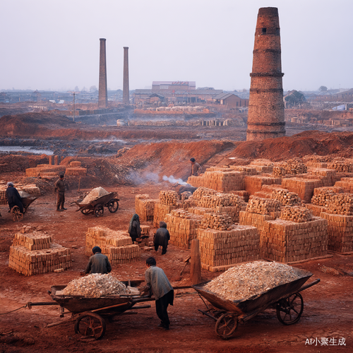 全景展现土窑场，砖坯码成整齐方阵。赤膊汉子推独轮车运黏土，妇女用木模制坯，晾坯场铺满待干的土砖。窑口吞吐赤红火光，板车上堆着刚出窑的青瓦，老桑树下摆着陶罐茶水。 v 6.0极速 ar 9:16