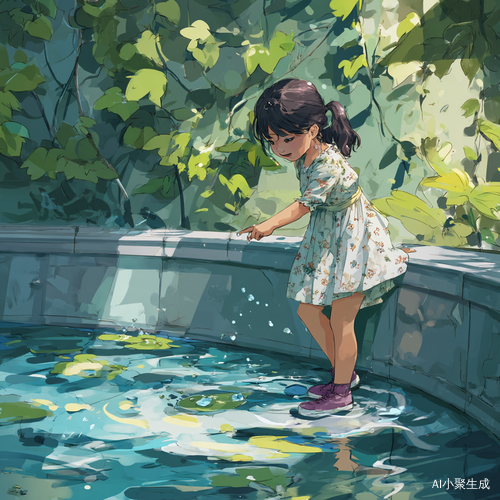 一位中国女孩在公园的泳池里玩耍